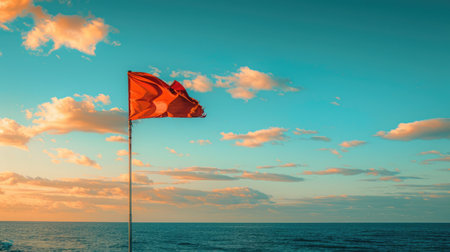 A vibrant red flag flutters under a cumulus cloud in the electric blue sky amidst the vast expanse of liquid water, signaling a warning to travelers of potential danger ahead AIG50の素材