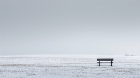 A minimalist landscape photo of white snowy landscape with iron bench. Fluffy 3D image of realistic of black bench placed at garden surrounded snow in winter season. Alone, lonely. Background. AiG42.の素材