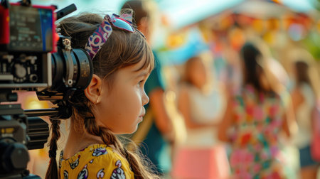 A young girl is happily standing in front of a camera, ready to capture fun memories while traveling. She is excited to share her adventures with others through engineering and optics AIG50の素材