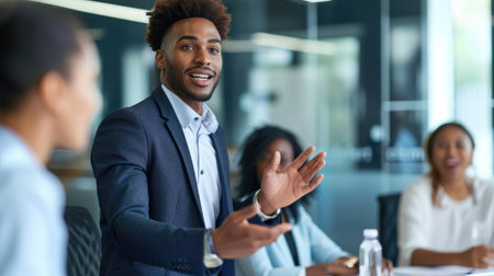 Professional businessman present financial project to investor at business meeting. Skilled project manager talking about marketing strategy and using stock market chart at meeting table. AIG42.の素材
