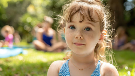 A young girl with curly hair is happily standing on the grass in the park. She is smiling, having fun, and enjoying her leisure time in nature AIG50の素材