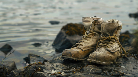 A pair of boots is drifting in the fluid water, surrounded by natural landscapes of soil, plants, trees, and rocks. It seems like a mysterious event AIG50の素材