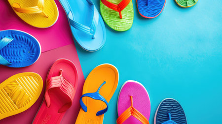There is a variety of shoes and sandals displayed on a colorful background, including walking shoes, outdoor shoes, and electric blue and orange sandals. The vibrant display is like a work of artの素材