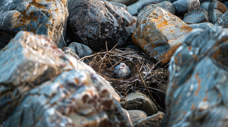 A seabird with a sharp beak, part of the Charadriiformes order, is perched on a rock nest made of natural materials on the bedrock soil landscape AIG50の素材