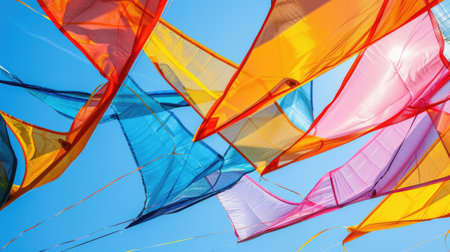 Fluid electric blue ribbons dance in the wind against a peachcolored sky, a masterpiece of nature resembling a painting inspired by marine biology AIG50の素材