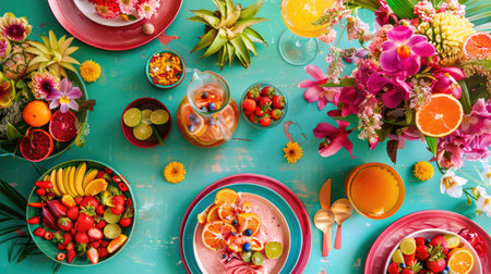 An intricate table setting with colorful dishware and drinks arranged in a circular pattern, resembling a painting of a vibrant aquatic organism AIG50の素材