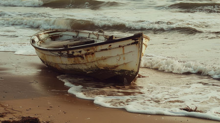 A watercraft is resting on the sandy beach amidst the vast ocean waters. The sky is filled with fluffy clouds and the wind waves gently AIG50の素材