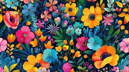 An artistic representation of plants and flowers on a vibrant electric blue background, showcasing a blend of magenta petals and green leaves creating a mesmerizing natural landscape AIG50の素材