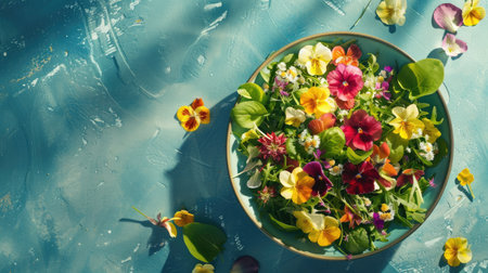 An artful arrangement of leafy greens and colorful flowers in a bowl, placed on a vibrant blue table. The natural landscape is enhanced with this beautiful botanical illustration AIG50の素材