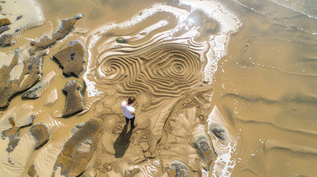 A breathtaking landscape portrayed in a stunning artwork depicting a person on a sandy beach next to the ocean, captured in exquisite detail and depth using wood as the medium AIG50の素材