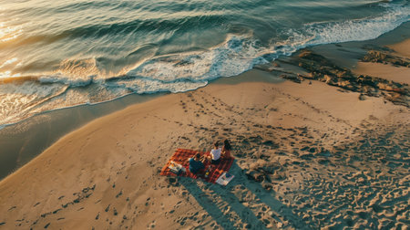 An aerial view of a group of people having a picnic on the beach, surrounded by vehicles, pollinators, insects, patterns in the landscape, woods, soil, terrestrial animals, wildlife, and beehivesの素材