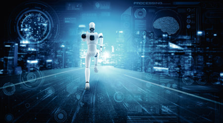 MLP 3d illustration Running robot humanoid showing fast movement and vital energy in concept of future innovation development toward AI brain and artificial intelligence thinking by machine learningの写真素材