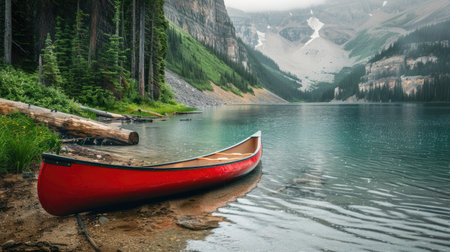 A red canoe is docked on the shore of a picturesque lake with majestic mountains towering in the background, surrounded by a serene natural landscape under a cloudy sky AIG50の素材