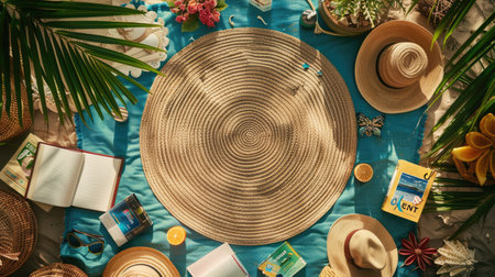 Aqua picnic blanket with an azure round table surrounded by green pillows and a magenta patterned circle. An artistic and electric blue design for a cozy outdoor gathering with a touch of nature AIG50の素材