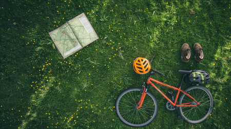 A bicycle, helmet, and map are scattered in the grass, surrounded by the peaceful sounds of nature. A wheel and tire peek out from beneath the foliage AIG50の素材