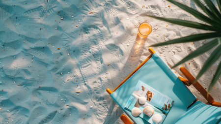 A beautiful beach landscape featuring a book, hat, starfish, seashells, and a refreshing drink by the aqua water. The perfect spot to relax and enjoy the sun AIG50の素材