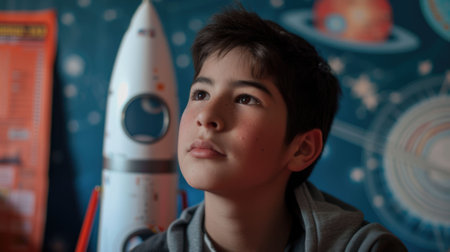 The close up picture of south american boy is planning to become the astronaut inside his own room that filled with things about astronomy like rocket or spaceship, star and planet wallpaper. AIG43.の素材