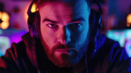 The picture of the gamer that playing the video game inside the room that fill with the neon light, the video game gamer require skills like patience, reflexes, adaptability and concentration. AIG43.の素材