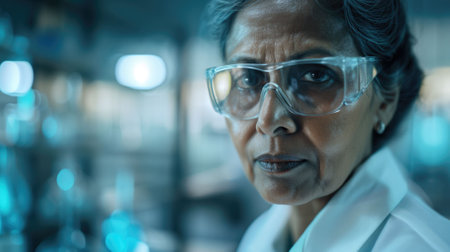 The picture of the senior south asian female pharmaceutical researcher in the laboratory and wearing lab coat and safety glasses, the researcher require the research technique and knowledge. AIG43.の素材