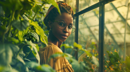 The picture of the urban farmer working inside the greenhouse to harvest a vegetable, the urban farmer requires skills like the management, physical fitness, weather monitoring and experience. AIG43.の素材