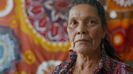 The picture of the australian indigenous female is standing in front of the colourful background and working as community leader, a community leader require communication skill and leadership. AIG43.の素材