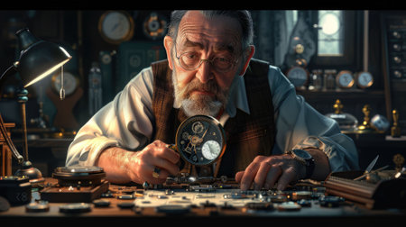 The picture of the adult professional watchmaker working inside workshop that has been filled with various kind of clock and watch, watchmaker need to use concentration and accuracy fix clock. AIG43.の素材