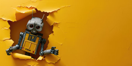 Close up view picture of the hollow yellow hole on the the wall that show the robot stay inside the wall that has been made from some material yet still can break to look through other side. AIGX03.の素材