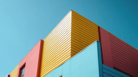 The colourful structure under the bright clear blue sky with the ray of light from brightest sun that cover most part of the building but even that the structure still left some the shadow. AIGX03.の素材