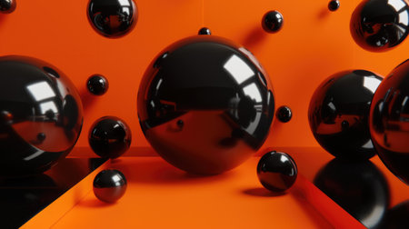 Black glossy spheres float in an orange void AIG51A.の素材