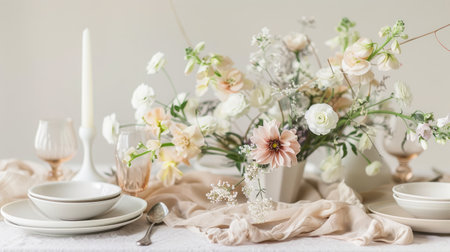 A beautifully arranged table featuring plates, silverware, and a stunning centerpiece of flowers including roses. The peachcolored petals add a touch of elegance to the creative arts display AIG50の素材