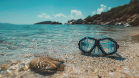 A pair of scuba diving goggles lay on the sandy beach, with azure waters and blue skies creating a picturesque natural landscape. Vision care eyewear for underwater adventures AIG50の素材