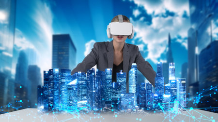 Civil engineer analyzing with rotating tower skyscraper hologram virtual graphic via VR future global innovation network technology community intelligent cityscape urban planning center. Contraption.の写真素材