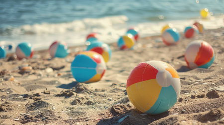 Three colorful beach balls are scattered on the sandy shore, inviting people to enjoy leisure and fun by the water. A perfect scene for a beach event or recreational activity AIG50の素材