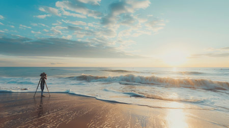 A camera is perched on a tripod, capturing the fluidity of water meeting the sky at the beach. Clouds dance across the horizon, creating a stunning landscape against the backdrop of this serene eventの素材