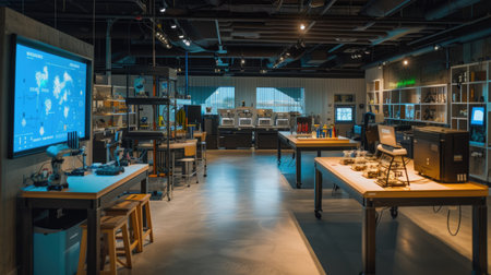 The interior design of this large room includes tables, stools, and a wall-mounted screen, creating a functional and stylish space with furniture and fixtures. AIG41の素材