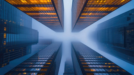 Gazing into the fog, a line of towering skyscrapers emerges. The glass-clad buildings create a parallel and symmetrical ensemble in the bustling metropolitan area. AIG41の素材