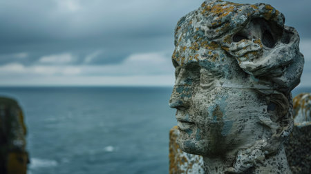 A sculpture of a woman on a rock, gazing out over the vast ocean in a serene natural landscape, with the sky and water blending seamlessly AIG50の素材