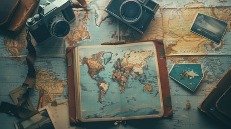 An intricate map of the world is elegantly displayed on a wooden table. The intricate patterns and font create a beautiful piece of art AIG50の素材