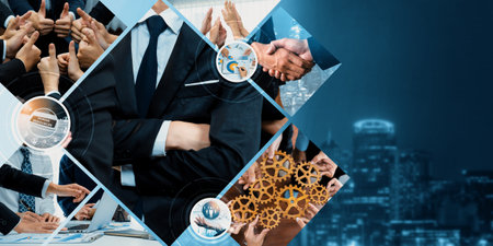 Teamwork and human resources HR management technology concept in corporate business with people group networking to support partnership, trust, teamwork and unity of coworkers in office kudosの写真素材