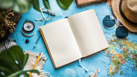 A green hat, aqua sunglasses, an electric blue compass, a watercolored notebook, and a map with an azure pattern on a circle design table AIG50の素材