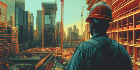 Professional smart civil engineer looking and planning building construction. Skilled foreman wearing safety helmet while standing and designing house structure with tower or modern skyscraper. AIG42.の素材