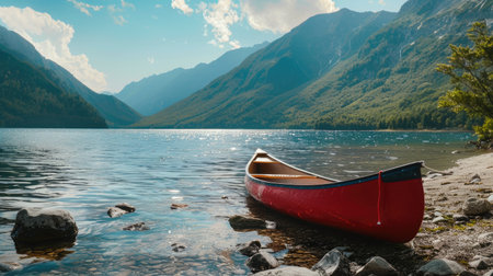 A red canoe is docked on the shore of a picturesque lake with majestic mountains towering in the background, surrounded by a serene natural landscape under a cloudy sky AIG50の素材