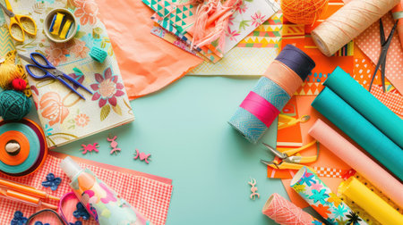 A table decorated with paper flowers, craft supplies, and colorful textiles in shades of green, azure, orange, yellow, and aqua. The vibrant electric blue patterns add an artistic touch AIG50の素材