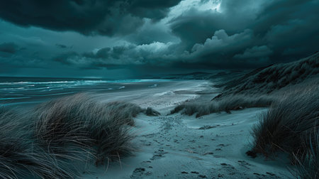 A sandy beach with wind waves crashing against the shore under a stormy sky filled with cumulus clouds, creating a dramatic natural landscape AIG50の素材