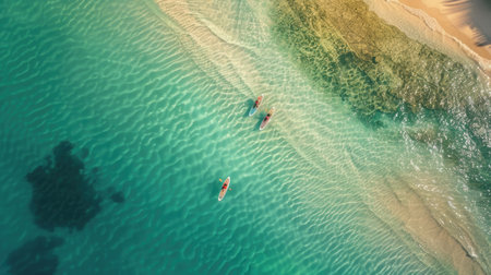 A mesmerizing aerial view of two kayakers gliding through the electric blue waters of the ocean, surrounded by marine life and underwater landscape AIG50の素材