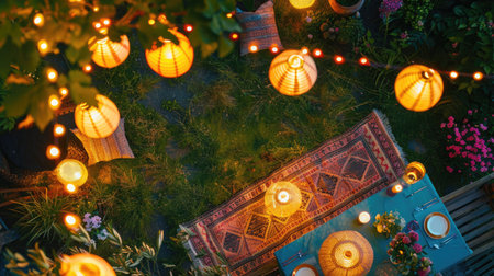 A group of people is gathered in a circle on blankets, surrounded by lanterns and lights, creating a beautifully illuminated space for a recreational event AIG50の素材