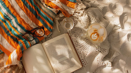 An open book with an Azure textile cover rests on a wicker table beside a cup of tea. A terrestrial animal with whiskers and a snout wanders nearby in a pattern of wood grains AIG50の素材