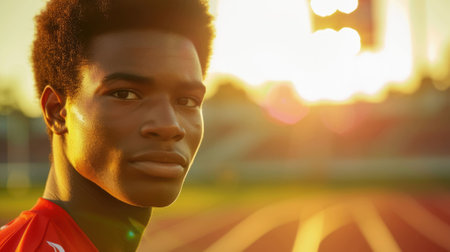 The close up picture of the african american athlete looking at the camera inside the running track, the athlete require skill like the physical fitness, technique, stamina and sportsmanship. AIG43.の素材