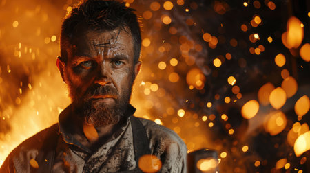 The picture of the blacksmith is working inside the workshop of metalworking that need to use experience, strength and understanding in forging iron, metal, and steel to make good metalwork. AIG43.の素材