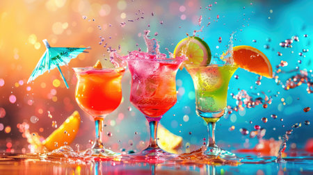 A colorful array of liquid paints splashes into the water, creating a beautiful painting resembling a natural landscape with petals, fruit, and drinkware AIG50の素材